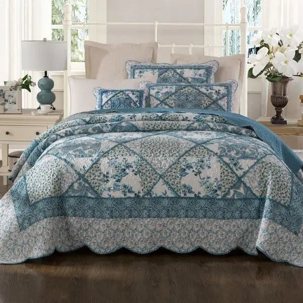 Blue Bouquet Cotton 100% Cotton Quilted 3 pcs Bedspread Coverlet Set King - Home & Garden > Bedding > Quilts & Duvets