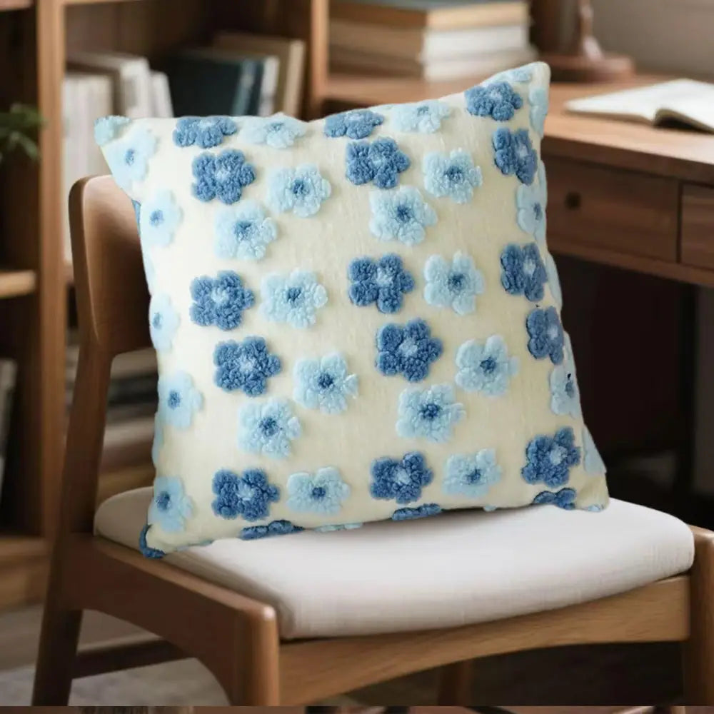 Blue Charming 3D Floral Plush Cushion Covers - Set of 4 45x45cm Soft Faux Lambswool Pillowcases for Sofa & Bed Decor