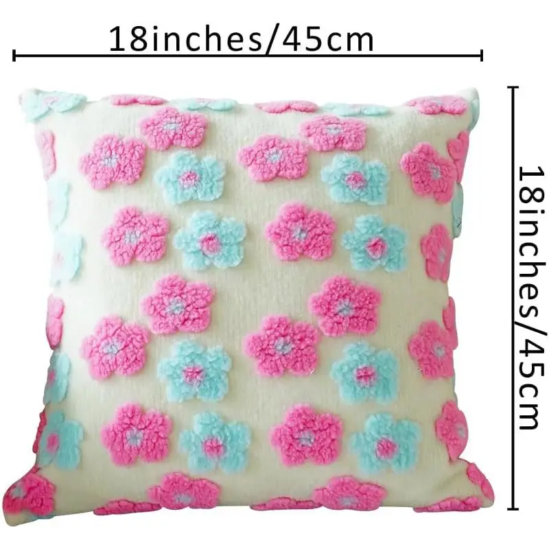 Blue Charming 3D Floral Plush Cushion Covers - Set of 4 45x45cm Soft Faux Lambswool Pillowcases for Sofa & Bed Decor