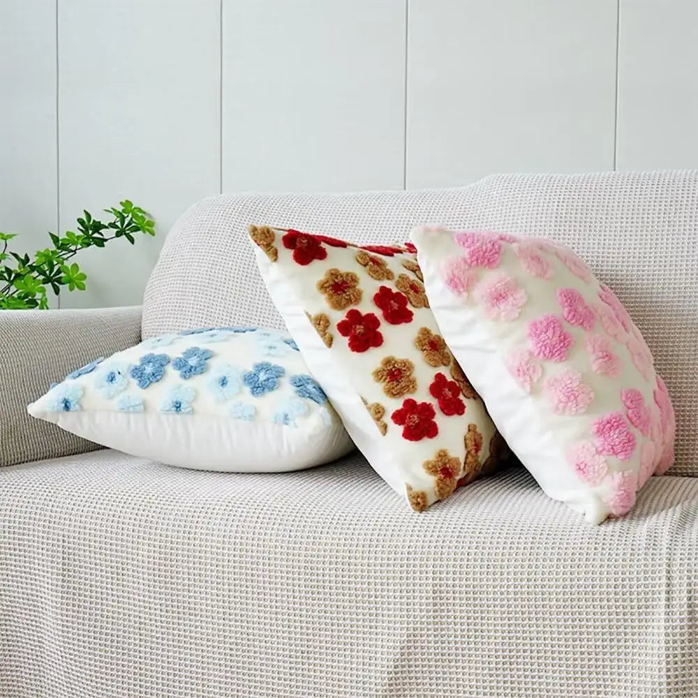 Blue Charming 3D Floral Plush Cushion Covers - Set of 4 45x45cm Soft Faux Lambswool Pillowcases for Sofa & Bed Decor