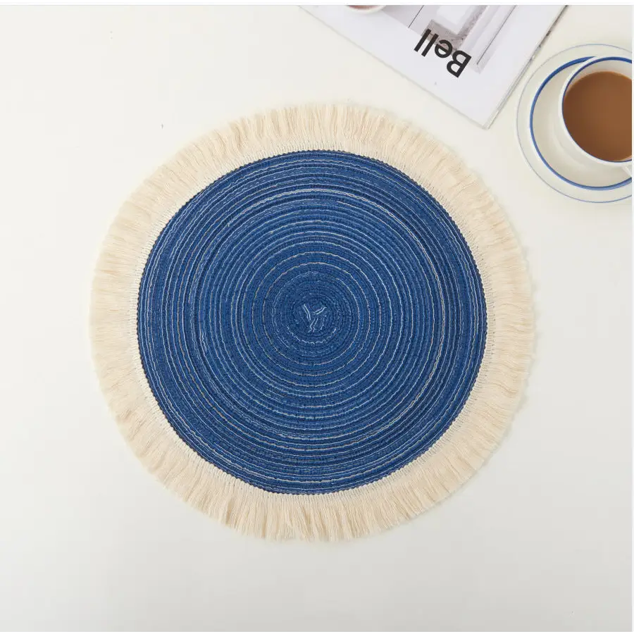 Blue Chic Round Woven Placemats with Tassel Fringe - Set of 4 Cotton Ramie Blend Heat Resistant Table Mats - Home &