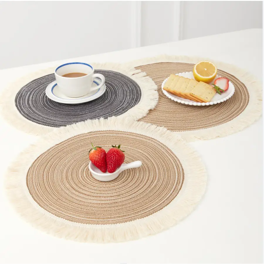 Blue Chic Round Woven Placemats with Tassel Fringe - Set of 4 Cotton Ramie Blend Heat Resistant Table Mats - Home &