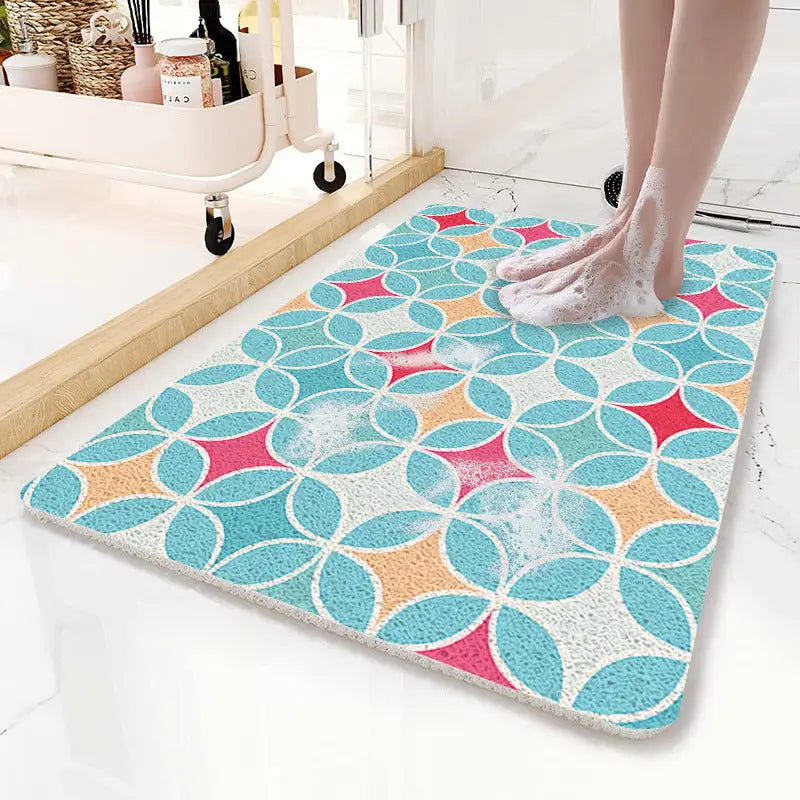 Blue Circular Pattern PVC Non-Slip Bath Mat 50x80cm - Shower Drain Hole Design Soft & Quick-Dry Bathroom Rug - Home &