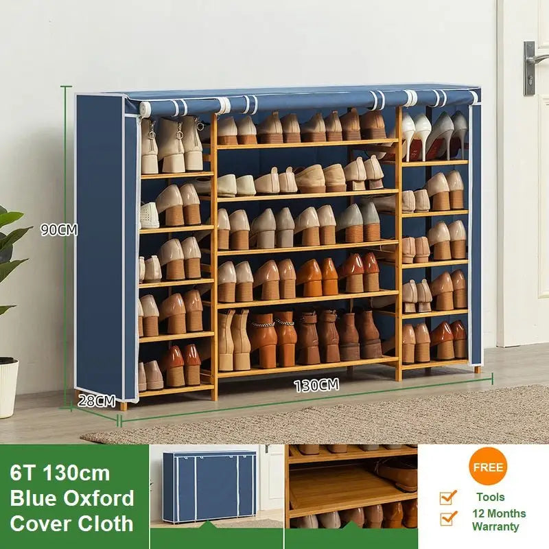 Blue Cover Six Tier Oxford Cloth Covered Tower Bamboo Wooden Shoe Rack Boot Shelf Stand Storage Organizer - Home &