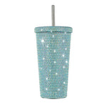 Blue Diamond-Inlaid Insulated 304 Stainless Steel Cup with Straw - Double-Walled Rhinestone Coffee Mug Gift Cup