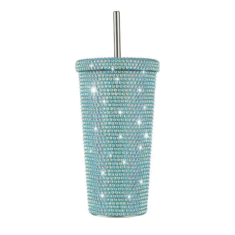 Blue Diamond-Inlaid Insulated 304 Stainless Steel Cup with Straw - Double-Walled Rhinestone Coffee Mug Gift Cup