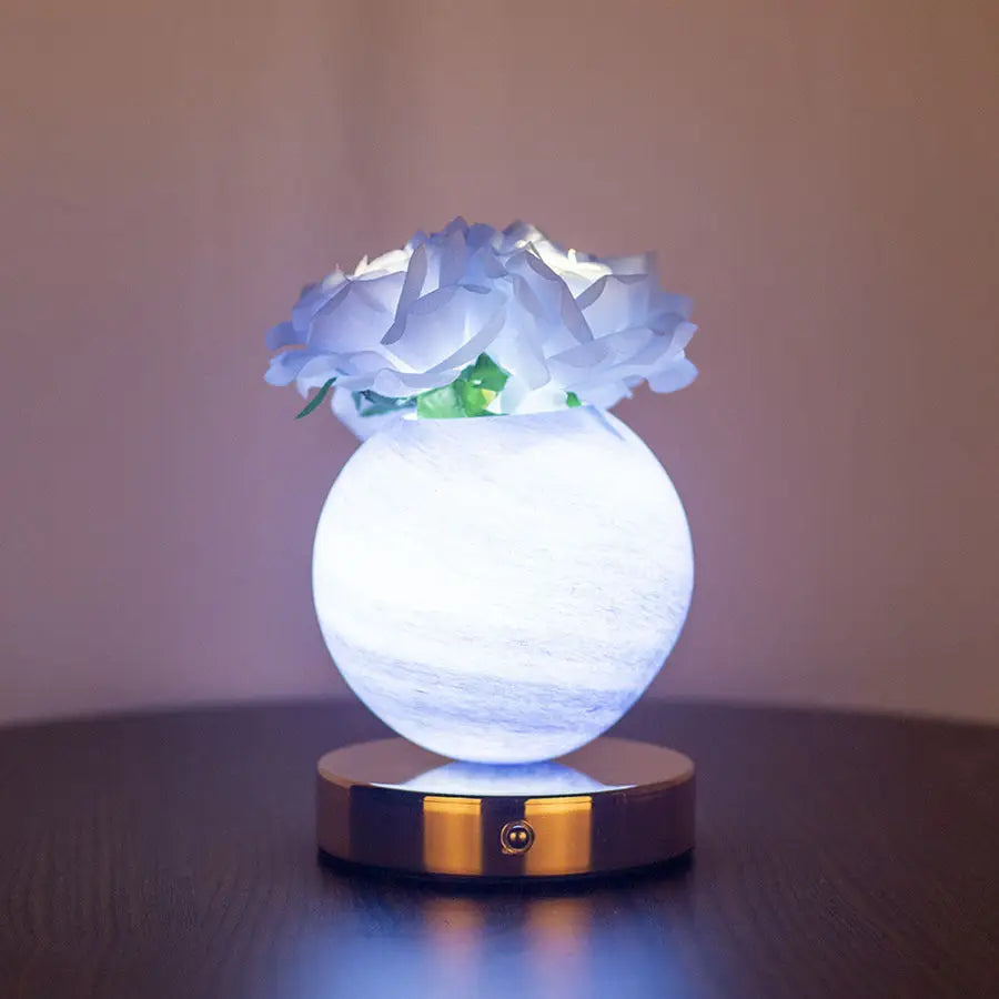 Blue Dreamy Rose Planet Lamp Night Light - Elegant 21cm USB-Charged 3-Color Touch Dimming Decor Gift - Home & Garden >