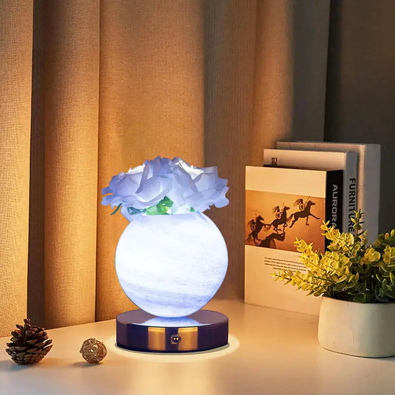 Blue Dreamy Rose Planet Lamp Night Light - Elegant 21cm USB-Charged 3-Color Touch Dimming Decor Gift - Home & Garden >