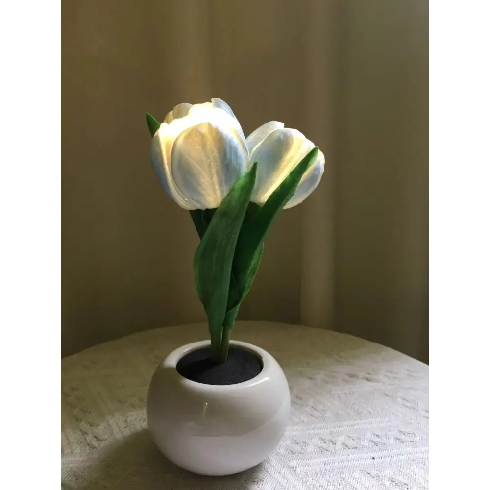 Blue Flowers USB Tulip Night Light - Bedroom Decor Table Lamp with PU Flowers & Ceramic Pot Perfect Gift for Family &
