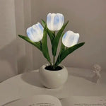Blue Flowers USB Tulip Night Light - Bedroom Decor Table Lamp with PU Flowers & Ceramic Pot Perfect Gift for Family &