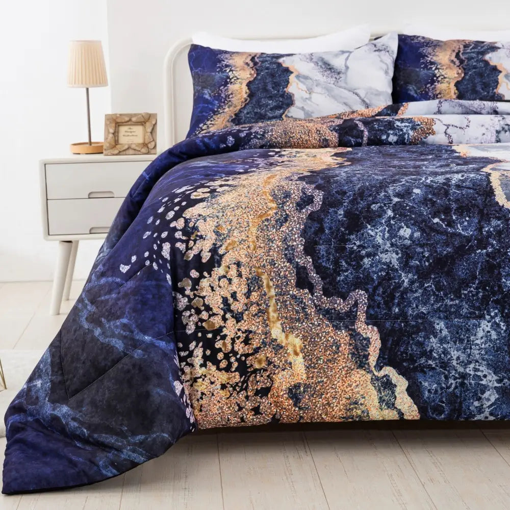 Blue Marble Comforter Set King Size Retro Watercolor 3-Piece Bedding Ensemble - Home & Garden > Bedding > Quilts &