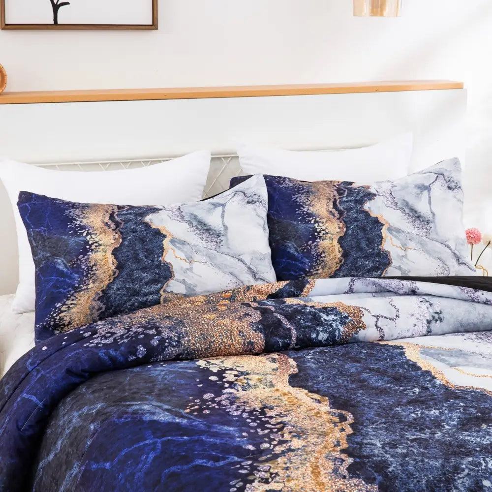 Blue Marble Comforter Set King Size Retro Watercolor 3-Piece Bedding Ensemble - Home & Garden > Bedding > Quilts &