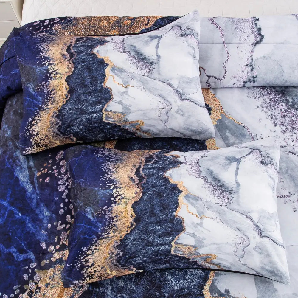 Blue Marble Comforter Set King Size Retro Watercolor 3-Piece Bedding Ensemble - Home & Garden > Bedding > Quilts &