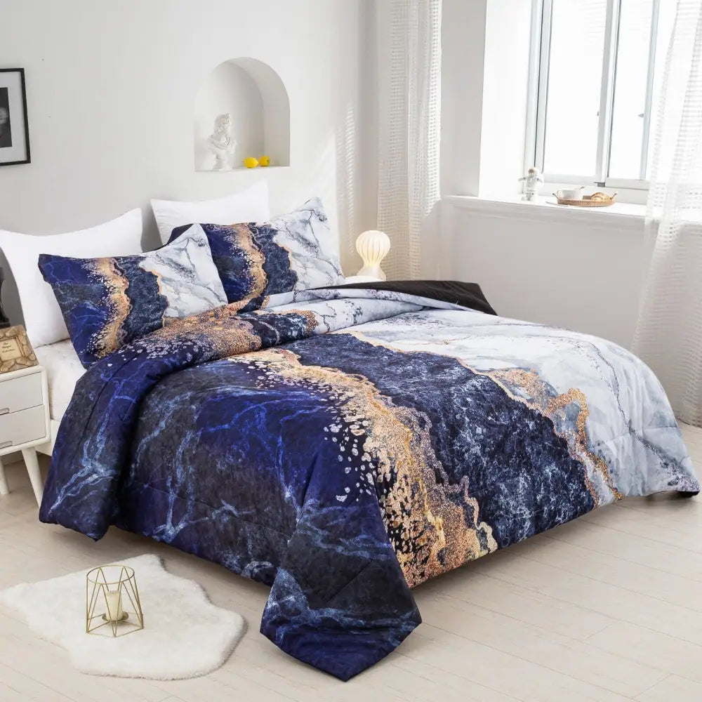 Blue Marble Comforter Set King Size Retro Watercolor 3-Piece Bedding Ensemble - Home & Garden > Bedding > Quilts &