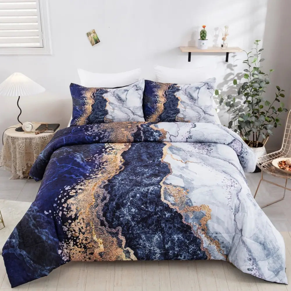 Blue Marble Comforter Set King Size Retro Watercolor 3-Piece Bedding Ensemble - Home & Garden > Bedding > Quilts &