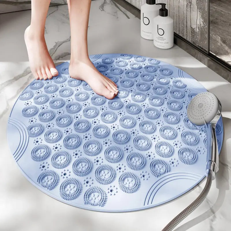 Blue Non-Slip Round Shower Foot Scrubber Mat - Soft Silicone Massage Pad for Foot Cleaning - Home & Garden > Bathroom