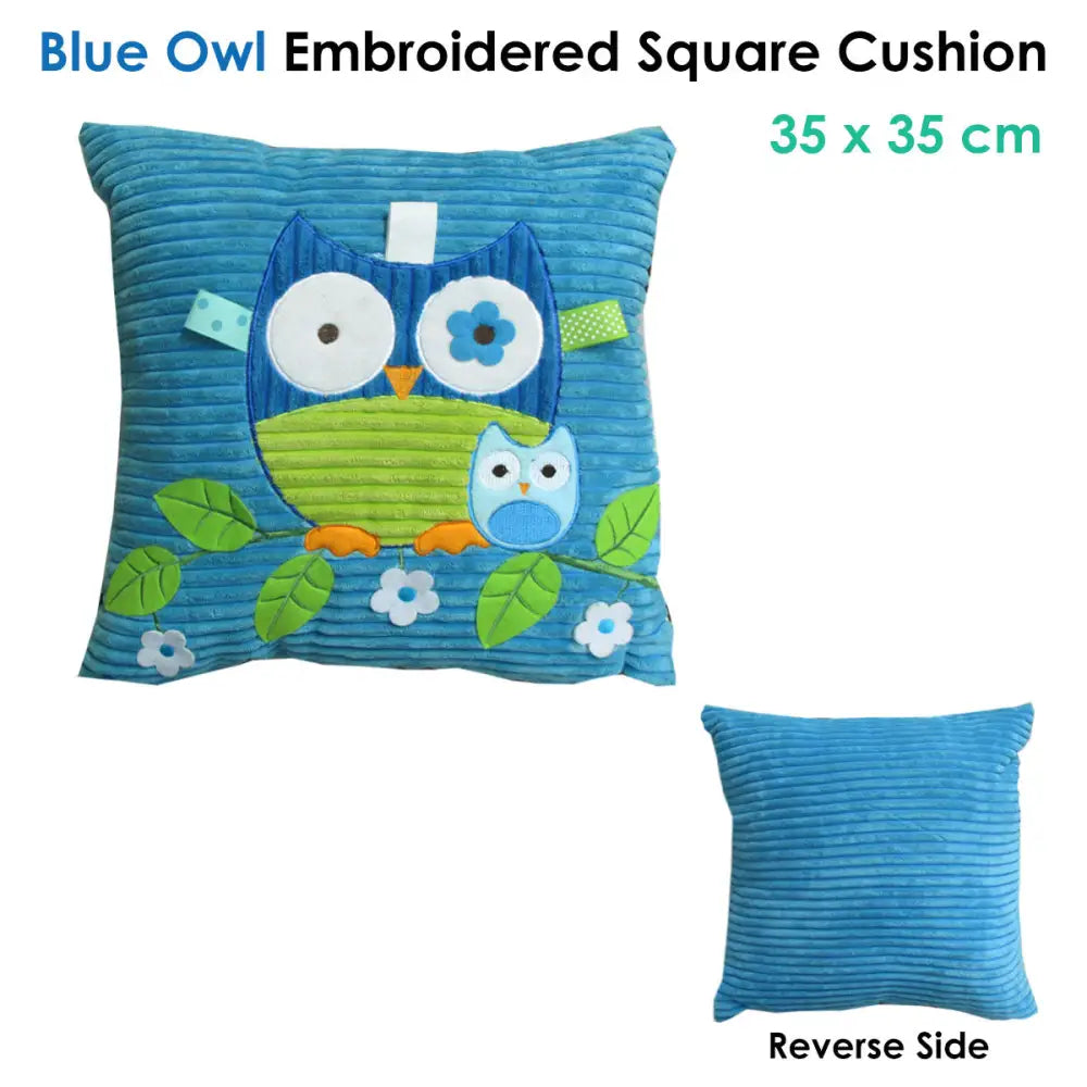 Blue Owl Embroidered Applique Square Cushion - Home & Garden > Bedding