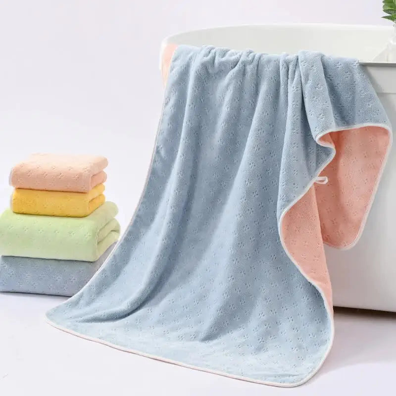 Blue-pink Oversized Double-Sided Coral Fleece Bath Towel | Soft and Absorbent Thick & Warm 70x140cm - Home & Garden >