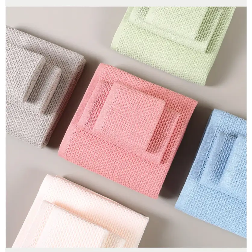 Blue Premium 3-Piece Waffle Weave Cotton Towel Set - Lightweight Quick-Dry & Absorbent - Bath Hand Face Cloth - Home &