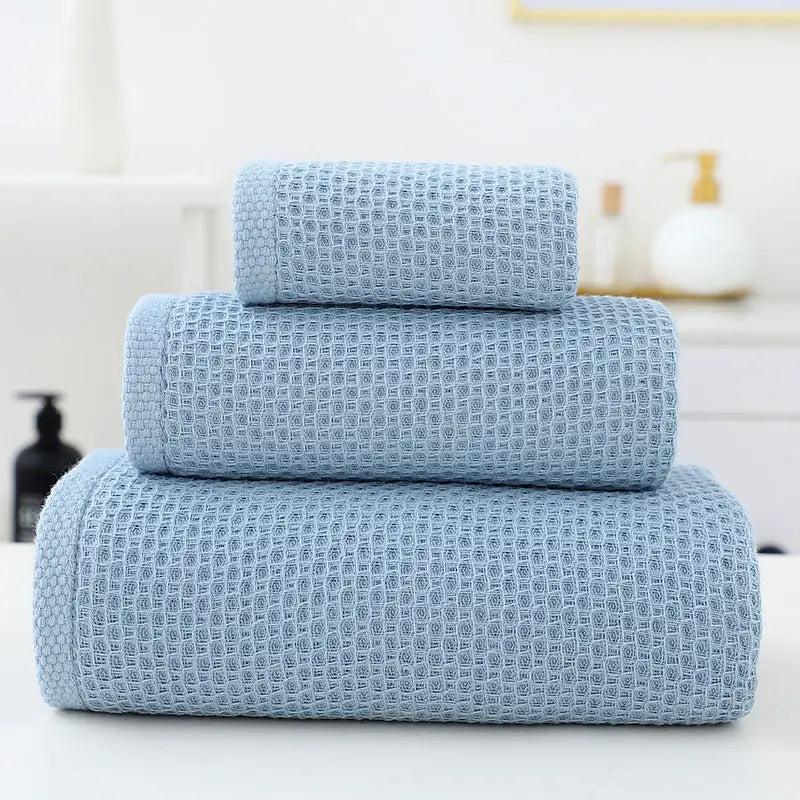 Blue Premium 3-Piece Waffle Weave Cotton Towel Set - Lightweight Quick-Dry & Absorbent - Bath Hand Face Cloth - Home &