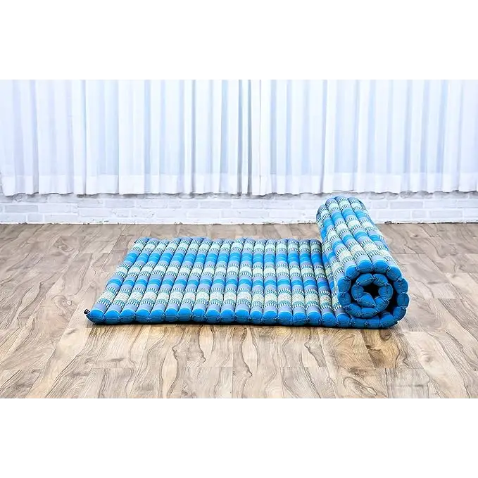 BLUE Roll Out Mattress Foldout Mat LARGE relaxation day bed camping or Yoga Matt Natural Kapok Filled_ 150 x 200 cm