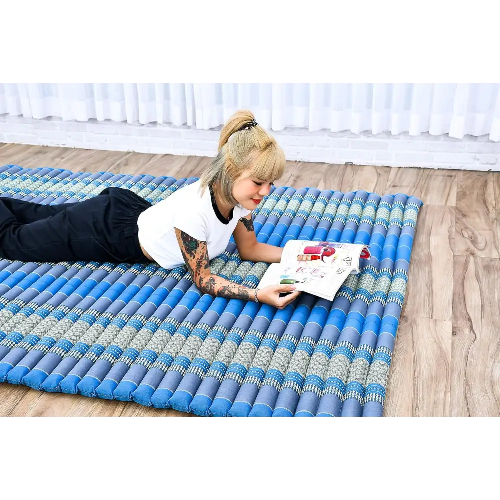 BLUE Roll Out Mattress Foldout Mat LARGE relaxation day bed camping or Yoga Matt Natural Kapok Filled_ 150 x 200 cm