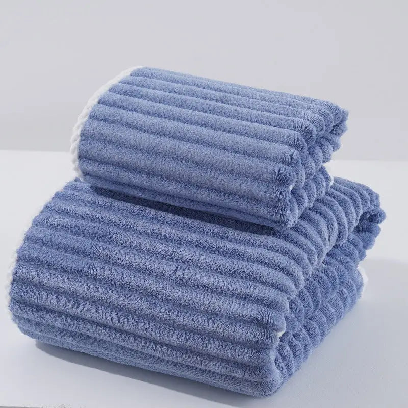 Blue Soft Candy Stripe Coral Fleece Bath Towel and Washcloth Set Ultra Absorbent Skin-Friendly - Home & Garden >