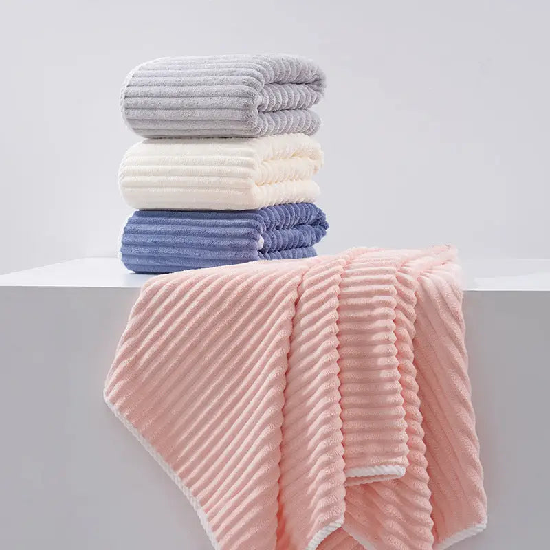 Blue Soft Candy Stripe Coral Fleece Bath Towel and Washcloth Set Ultra Absorbent Skin-Friendly - Home & Garden >