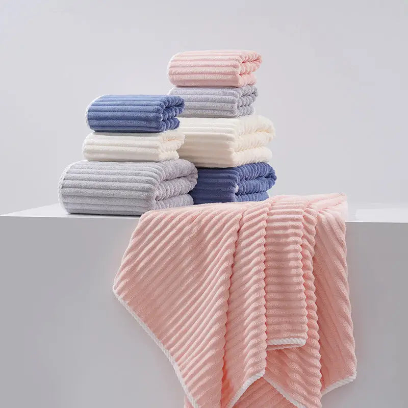 Blue Soft Candy Stripe Coral Fleece Bath Towel and Washcloth Set Ultra Absorbent Skin-Friendly - Home & Garden >