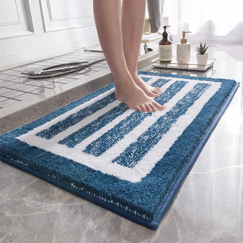 Blue Stripes Absorbent Striped Bathroom Rug - Non-Slip Bath Mat for Bathroom Toilet & Shower Room Entrance 60x60cm