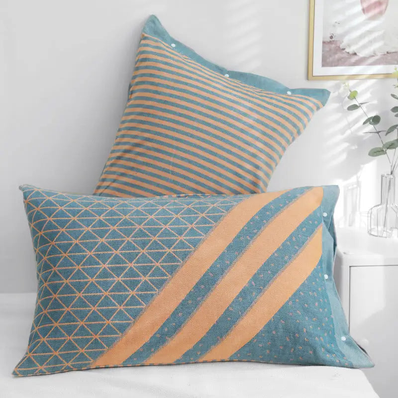 Blue Twill Snap-On Cotton Gauze Pillowcase Set - Full Coverage Non-Slip Easy Closure (One pair without pillow core)