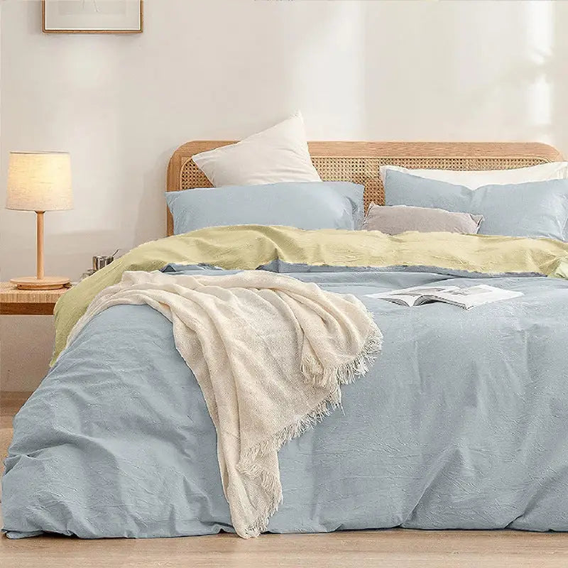 Blue-yellow 1.8m (Duvet Cover 180*220cm) Luxurious Soft Brushed Microfiber 4-Piece Bedding Set - Pure Color Double Bed