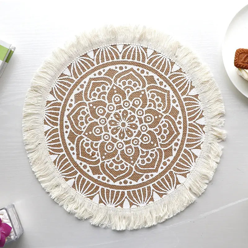 Bohemian Round Woven Placemats | Set of 5 with Fringe Design - Home & Garden > Kitchenware > Kitchen Utensils