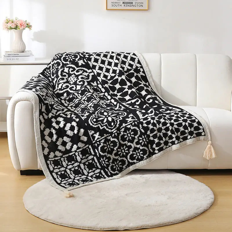 Bohemian Style Sofa Throw Blanket - Black Soft Faux Cashmere 130x170cm (850g) for Office Naps & AC Cover - Home &