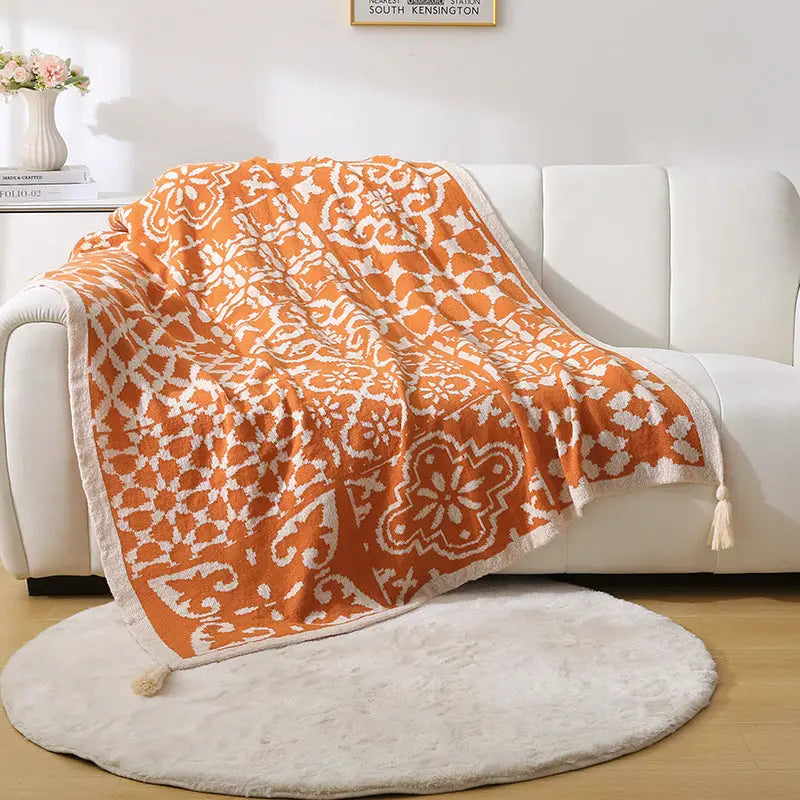 Bohemian Style Sofa Throw Blanket - Orange Soft Faux Cashmere 130x170cm (850g) for Office Naps & AC Cover - Home &