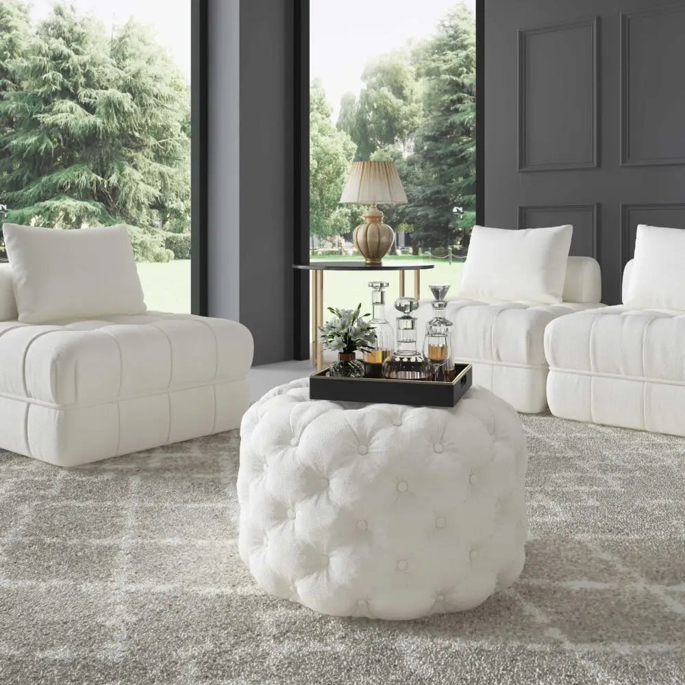 Bouclé White Ottoman-Round - Furniture > Bedroom