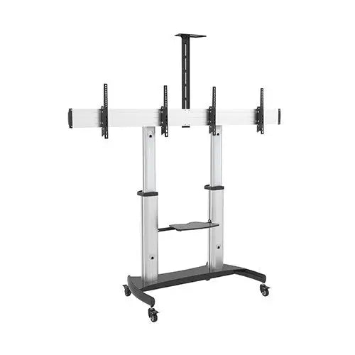 BRATECK Dual Screen Aluminum Height-Adjustable TV Cart with Media Shelf for 37’-60’ TVs Up to 50kg VESA