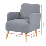 Brianna 1 Seater Sofa Arm Chair Fabric Uplholstered Lounge Couch - Light Grey - Furniture > Sofas
