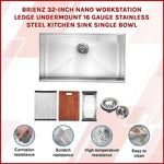 BRIENZ 32-inch Nano Workstation Ledge Undermount 16 Gauge Stainless Steel Kitchen Sink Single Bowl - Furniture >