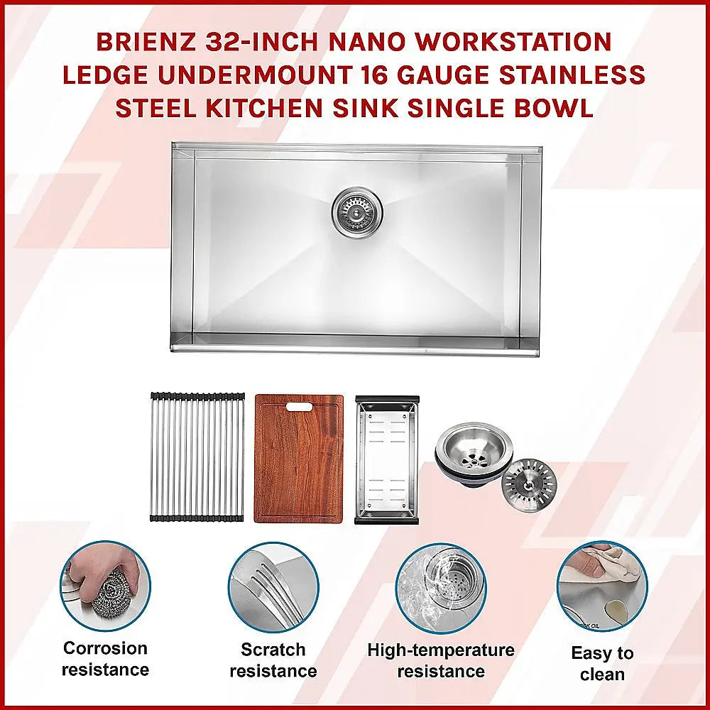 BRIENZ 32-inch Nano Workstation Ledge Undermount 16 Gauge Stainless Steel Kitchen Sink Single Bowl - Furniture >