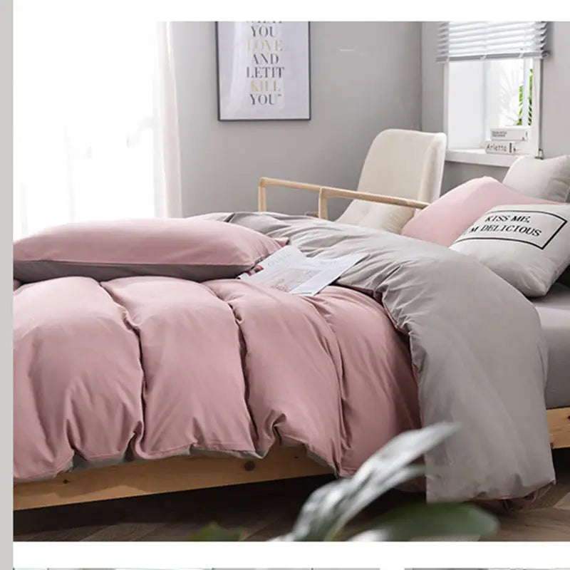 Brown And Khaki Stitching Ultra-Soft Solid Color 4-Piece Bedding Set - Queen Size(Suitable for 2m bed) - Home & Garden