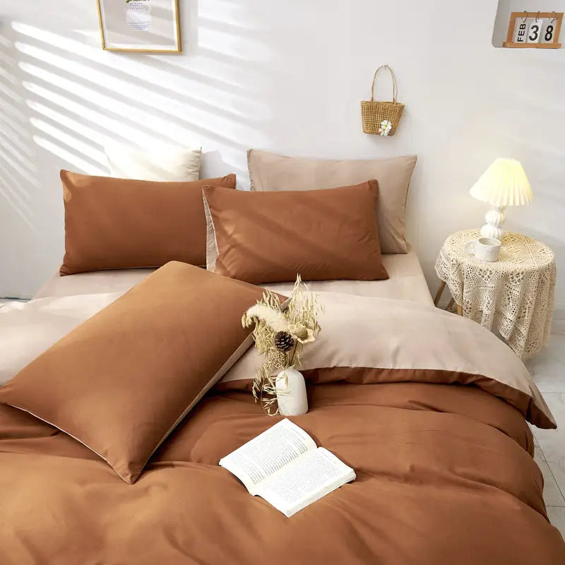 Brown And Khaki Stitching Ultra-Soft Solid Color 4-Piece Bedding Set - Queen Size(Suitable for 2m bed) - Home & Garden