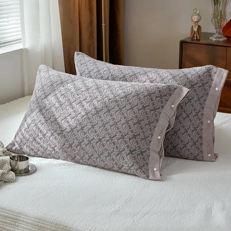 Brown B pattern Snap-On Cotton Gauze Pillowcase Set - Full Coverage Non-Slip Easy Closure (One pair without pillow
