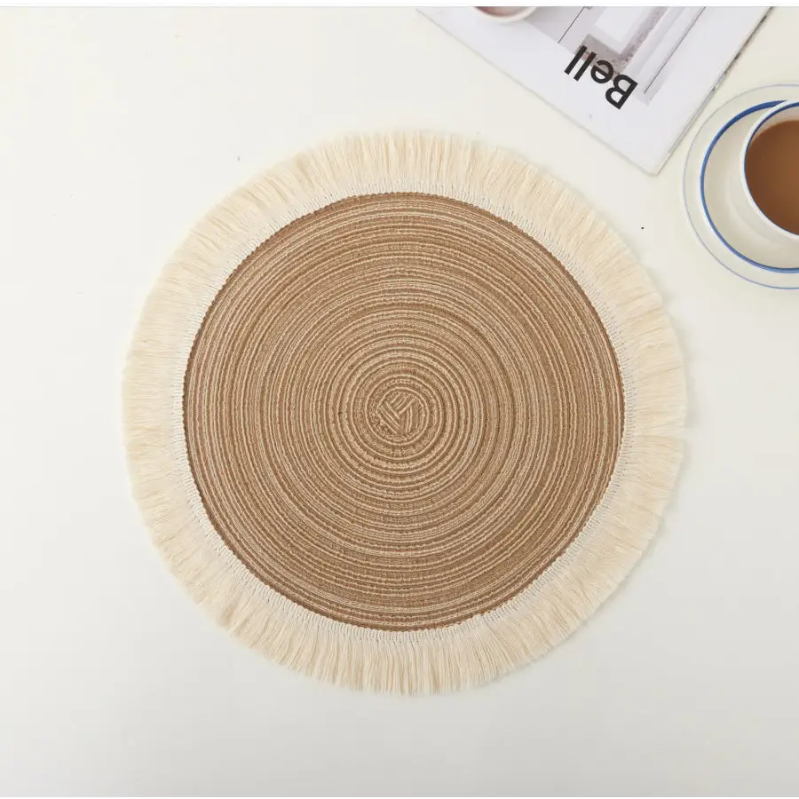 Brown Chic Round Woven Placemats with Tassel Fringe - Set of 4 Cotton Ramie Blend Heat Resistant Table Mats - Home &