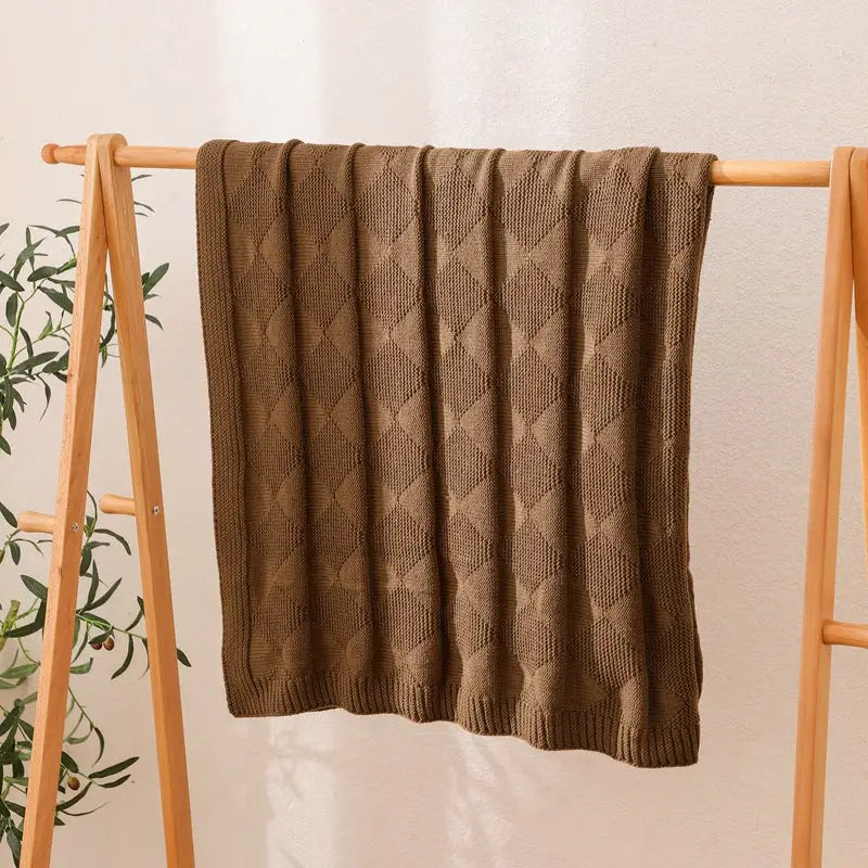 Brown Cozy Lightweight Acrylic Knit Throw Blanket - Diamond Waffle Texture for Sofa Bed & Travel - Home & Garden >
