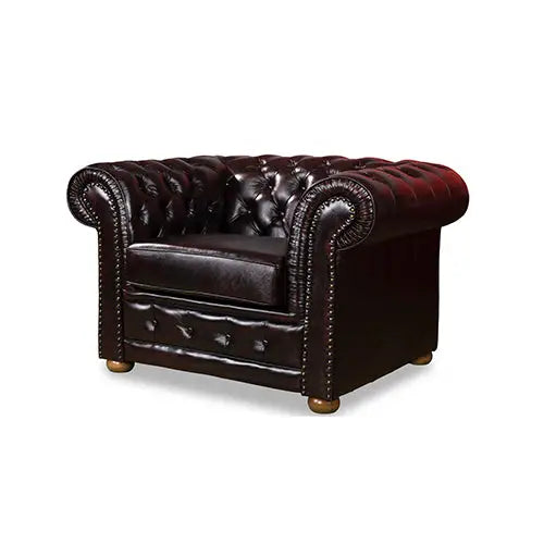 Brown Genuine Leather 1-Seater Sofa with Deep Quilting and Button Studding - Furniture > Sofas