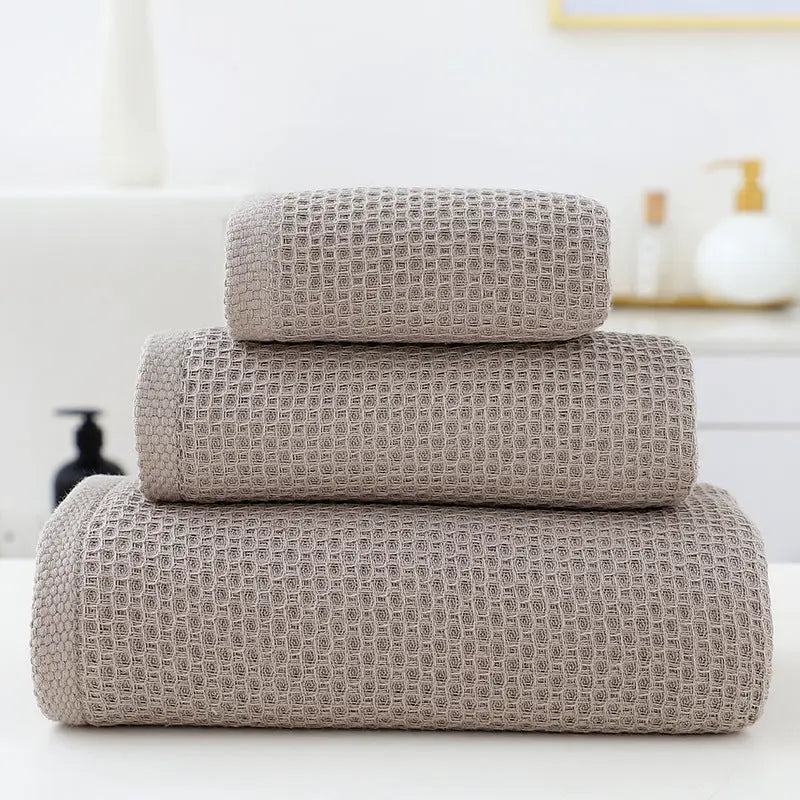Brown Premium 3-Piece Waffle Weave Cotton Towel Set - Lightweight Quick-Dry & Absorbent - Bath Hand Face Cloth - Home &