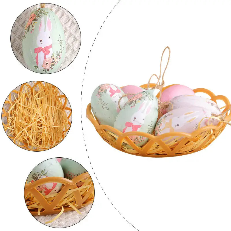 Brown Rabbits Five Sets Of Six Each Easter Egg Hanging Ornament Set with Creative Woven Basket - Festive Decor for Home