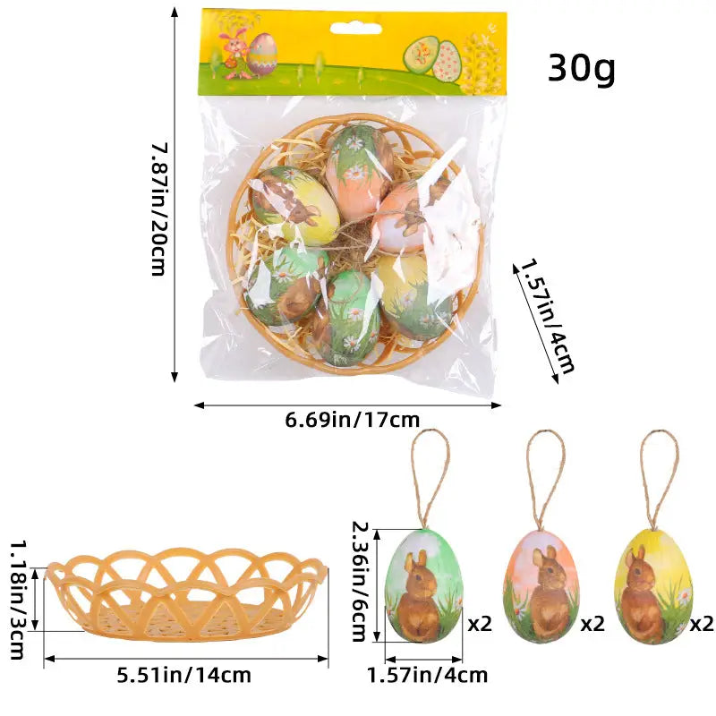 Brown Rabbits Five Sets Of Six Each Easter Egg Hanging Ornament Set with Creative Woven Basket - Festive Decor for Home