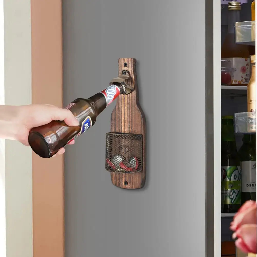Brown Rustic Wooden Wall-Mounted Bottle Opener with Cap Catcher - Vintage Beer Opener for Bar & Kitchen - Home & Garden